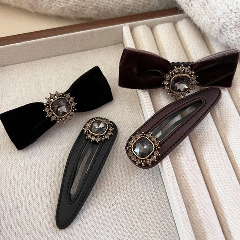 Ensemble de Barrette en Velours Français Vintage Élégant Épingles à Cheveux en Cuir Artificiel Avec Strass Carré