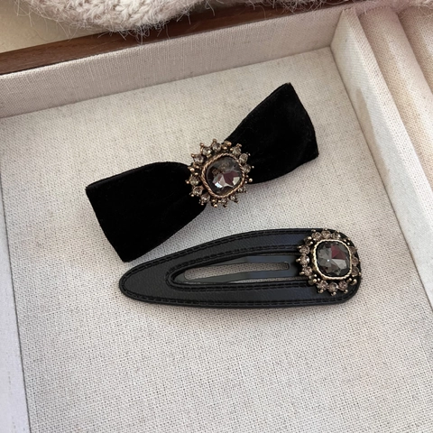 Ensemble de Barrette en Velours Français Vintage Élégant Épingles à Cheveux en Cuir Artificiel Avec Strass Carré