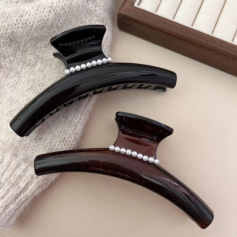 Pinza per Capelli Grande Ambra Vintage Francese Elegante Clip a Squalo in Resina Con Decorazione in Perla Artificiale per Donna