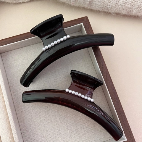 Pinza per Capelli Grande Ambra Vintage Francese Elegante Clip a Squalo in Resina Con Decorazione in Perla Artificiale per Donna