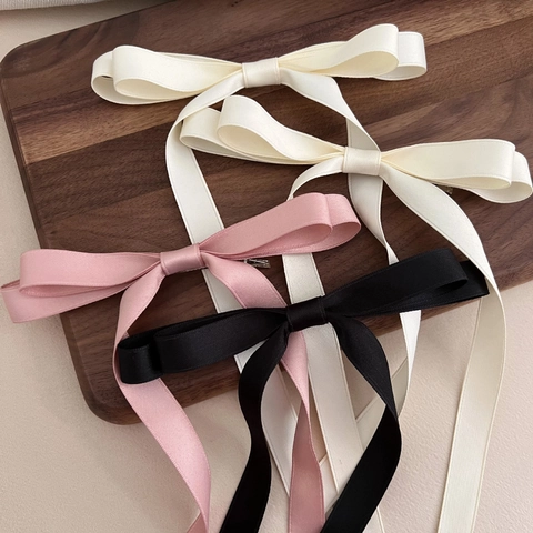 Elegant Solid Color Satin Bow Streamer Hair Clip For Women Girls Princess Style Ribbon Pony Tail Barrette Hair Accessory
