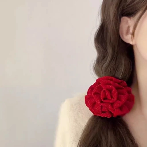 Romantic 3D Fabric Rose Flower Scrunchie French Style Elegant Floral Hair Tie Sweet Ponytail Holder Handmade Accessories For Women