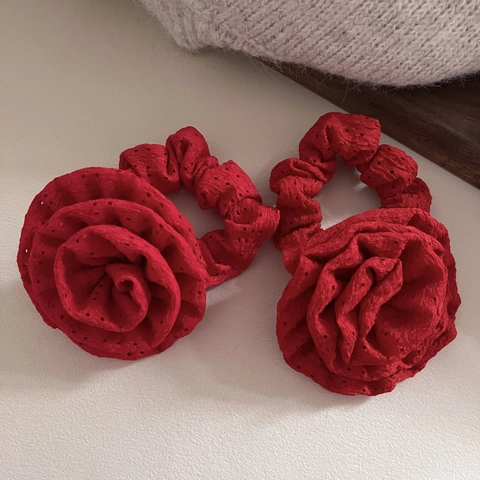Romantic 3D Fabric Rose Flower Scrunchie French Style Elegant Floral Hair Tie Sweet Ponytail Holder Handmade Accessories For Women