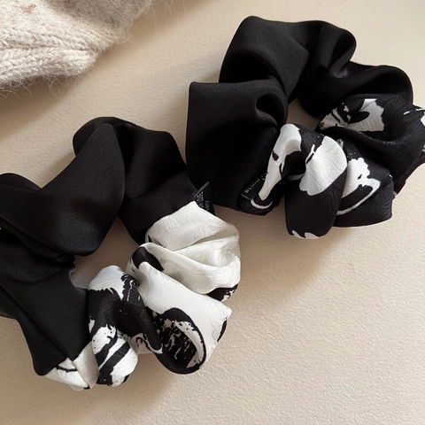 Elegante Satijn Inktprint Patchwork Scrunchie Retro Grote Haarelastiek Eenvoudige Paardenstaart Houder Chique Satijn Stof Scrunchie Haaraccessoires Dames
