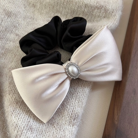 Coletero de Satén con Lazo Grande Vintage Francés con Perla Artificial Estrás Elegante Lazos para el Cabello Mujer Accesorios