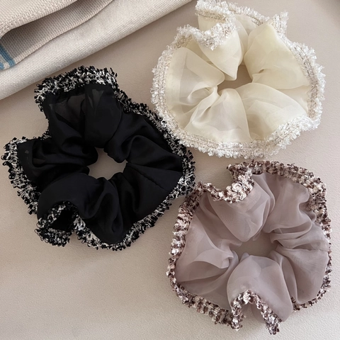 Chouchou en Organza Style Français Avec Bord à Franges en Tweed Élégant Élastique à Cheveux pour Femmes Accessoire de Coiffure