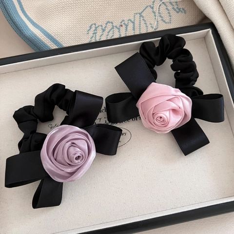 Französischer Vintage Satin Haargummi Große 3D Rosenblüte Schleife Haarknoten Elegante Bänder Pferdeschwanz Halter Mode Haarschmuck Für Damen