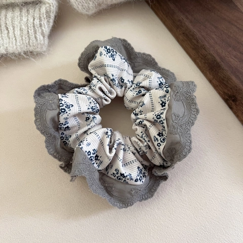 Scrunchies in Pizzo con Fiori Blu Vintage per Donna Stile Foresta Cravatte per Capelli in Tessuto Elastici per Capelli