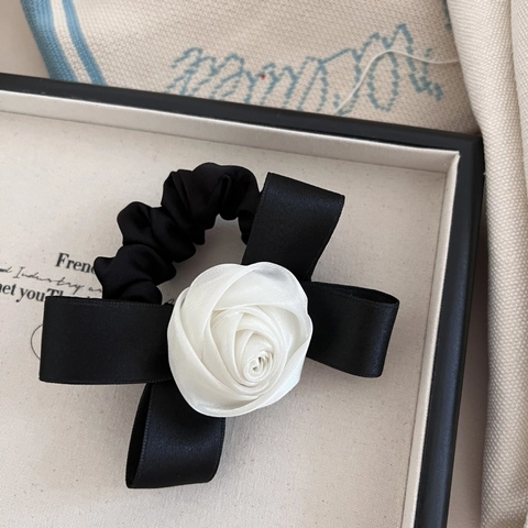 Französischer Vintage Satin Haargummi Große 3D Rosenblüte Schleife Haarknoten Elegante Bänder Pferdeschwanz Halter Mode Haarschmuck Für Damen