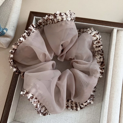 Chouchou en Organza Style Français Avec Bord à Franges en Tweed Élégant Élastique à Cheveux pour Femmes Accessoire de Coiffure