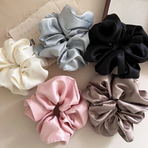Oversized Satin Scrunchies For Women French Style Elegant Pleated Solid Color Large Hair Ties Hair Accessories