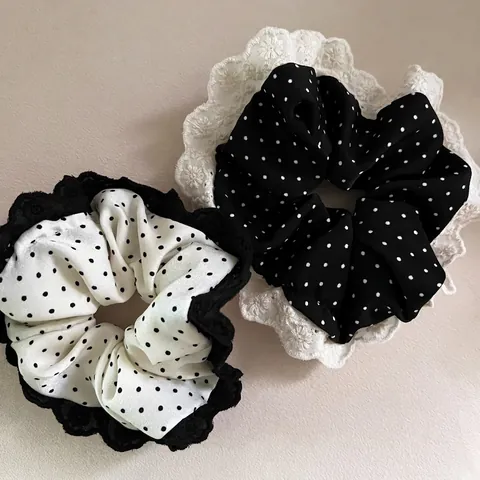 Chouchous Rétro Français à Pois Avec Bordure en Dentelle Élégants Grands Anneaux de Cheveux Femme Filles Élastiques Cheveux