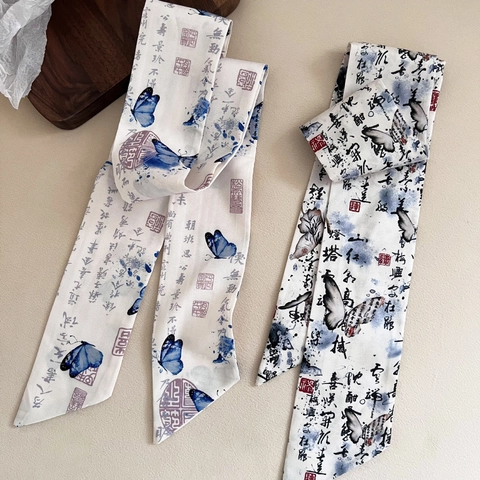 Fascia per Capelli in Raso in Stile Cinese Vintage con Farfalla Elegante Sciarpa con Stampa Calligrafica per Donna