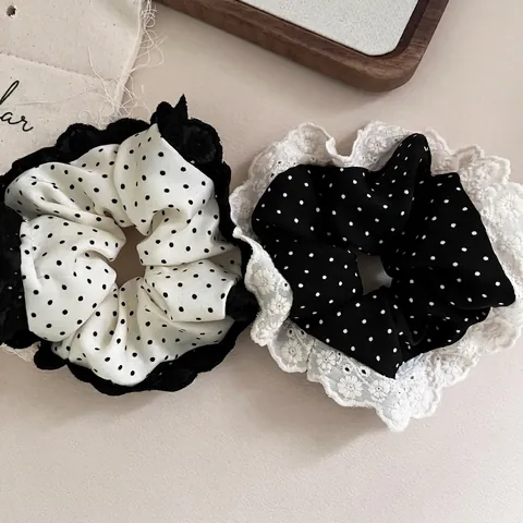 Chouchous Rétro Français à Pois Avec Bordure en Dentelle Élégants Grands Anneaux de Cheveux Femme Filles Élastiques Cheveux
