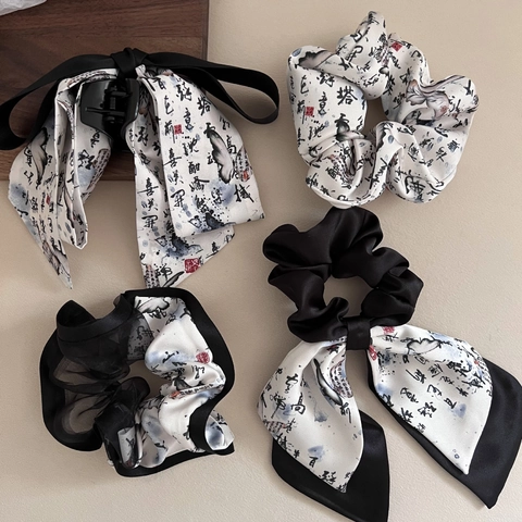 Nouveau Style Chinois Papillon Ruban Chouchou Vintage Calligraphie Impression à l'Encre Pince à Cheveux Pour Femmes