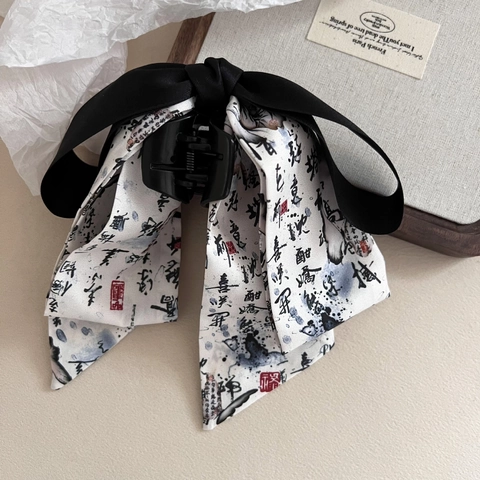Nouveau Style Chinois Papillon Ruban Chouchou Vintage Calligraphie Impression à l'Encre Pince à Cheveux Pour Femmes