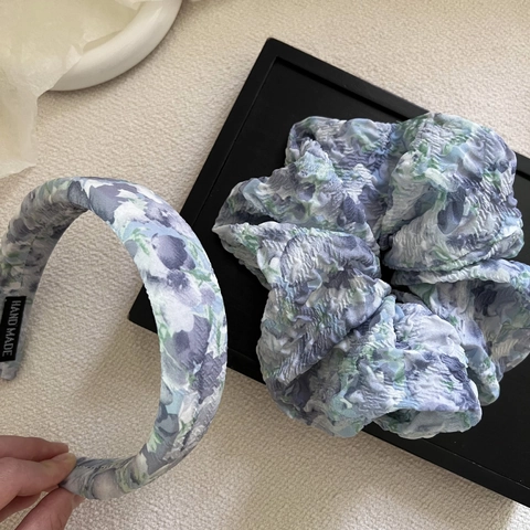 Stile Francese Blu Floreale Oversize Scrunchie E Ispessito Spugna Cerchietto Romantico Plissettato Tessuto Accessori Capelli