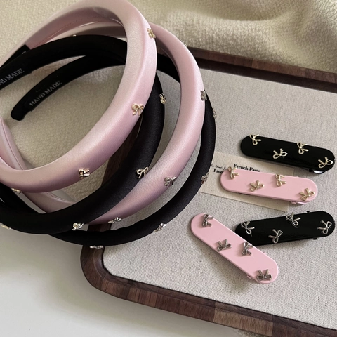 French Retro Bowknot Headband And Hair Clip Set Fabric Alloy Elegant Bow Hair Accessories For Women Handmade Padded High Top