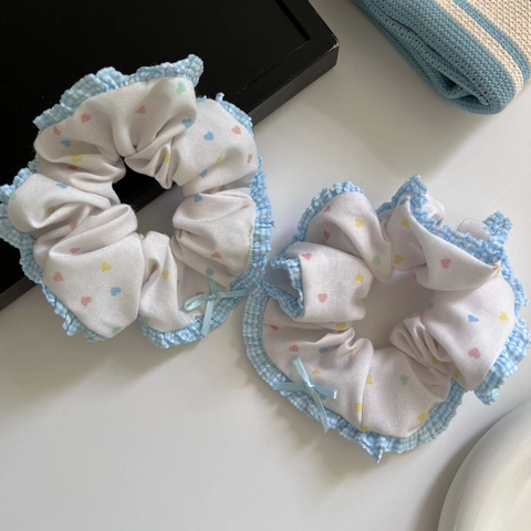 Zoete Balletstijl Melkblauw Ruitjesrand Kleurrijke Hart Scrunchies Verse Paardenstaart Haarelastiekjes Voor Dames Meisjes