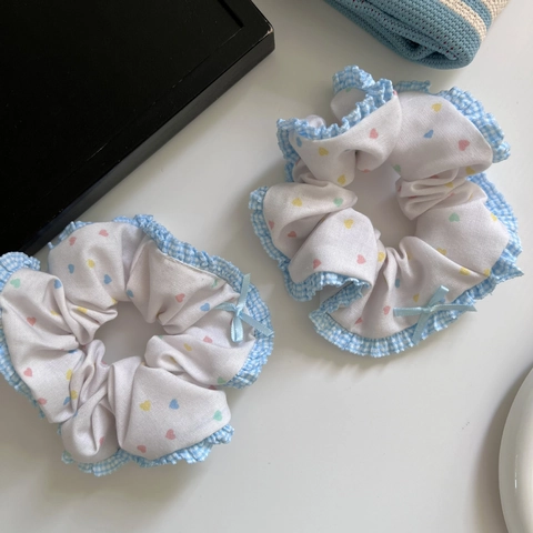 Zoete Balletstijl Melkblauw Ruitjesrand Kleurrijke Hart Scrunchies Verse Paardenstaart Haarelastiekjes Voor Dames Meisjes
