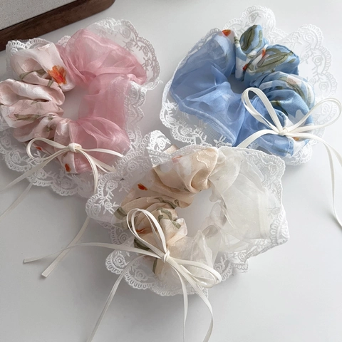 Elastico per Capelli da Donna Dolce Floreale in Rete Con Bordo in Pizzo e Fiocco Stile Coreano Grande Porta Coda di Cavallo