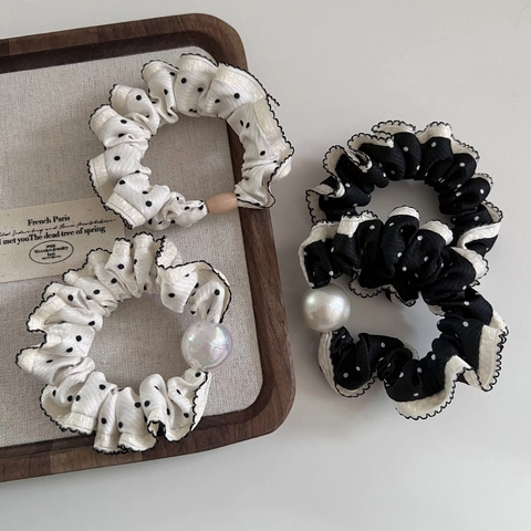 Scrunchies Vintage Francesi a Pois Con Decorazione di Künstliche Perle Sintetiche Bordo a Balze Elastici per Capelli Donna Eleganti Accessori per Capelli