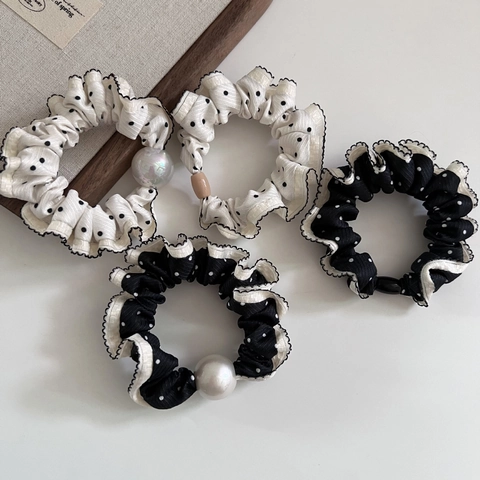Scrunchies Vintage Francesi a Pois Con Decorazione di Künstliche Perle Sintetiche Bordo a Balze Elastici per Capelli Donna Eleganti Accessori per Capelli