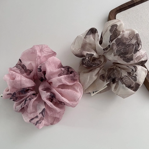 Coleteros de Organza con Estampado de Rosas Vintage Estilo Nuevo Chino Elegante Malla Grandes Anillos de Pelo para Mujer Accesorios Estéticos