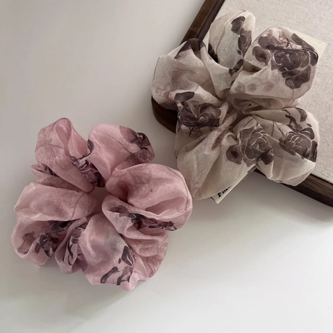 Coleteros de Organza con Estampado de Rosas Vintage Estilo Nuevo Chino Elegante Malla Grandes Anillos de Pelo para Mujer Accesorios Estéticos
