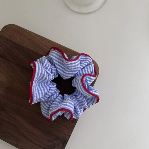Coletero de Tela a Rayas Azules de Alta Elasticidad Con Ribete Rojo Estilo Coreano Anillo de Pelo Grande para Mujer Accesorios de Moda