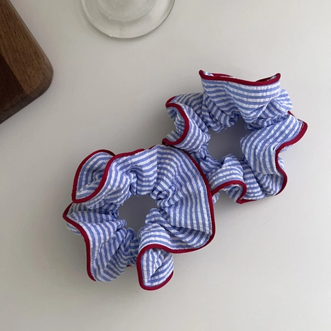 Coletero de Tela a Rayas Azules de Alta Elasticidad Con Ribete Rojo Estilo Coreano Anillo de Pelo Grande para Mujer Accesorios de Moda