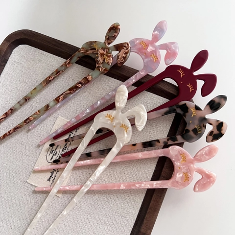 Vintage Acetate Rabbit U-Shaped Hair Stick Elegant Hair Fork Bun Maker French Hair Pin Accessories For Women
