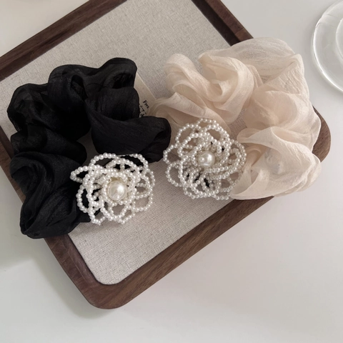 Eleganti Elastici in Organza con Fiori di Künstliche Perle Stile Francese Elastici per Capelli a Coda di Cavallo Donna Gioielli