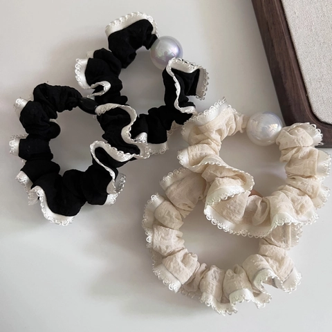 Elastico per Capelli in Stile Coreano Con Bordo in Pizzo E Perla Artificial Tessuto Pieghettato Fascia per Capelli Elegante Donna Accessori