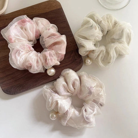 Coletero de Malla de Doble Capa Dulce Con Colgante de Perla Artificial Estampado Floral Estilo Coreano Goma de Pelo Accesorios Elegantes