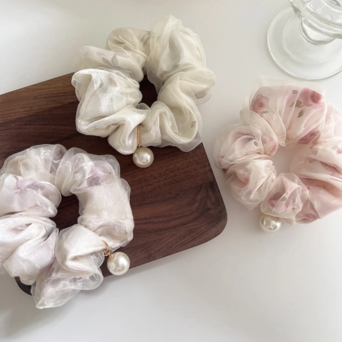 Coletero de Malla de Doble Capa Dulce Con Colgante de Perla Artificial Estampado Floral Estilo Coreano Goma de Pelo Accesorios Elegantes