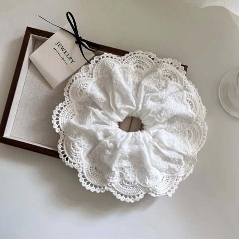 Scrunchies Grandi in Pizzo Bianco per Donna Ricamo Floreale Vintage Francese Elastici per Capelli Elegante Fermacoda Gioielli