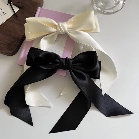 French Style Satin Bow Hair Clip Elegant Long Streamer Spring Clip For Women Girls Sweet Solid Color Hair Accessory