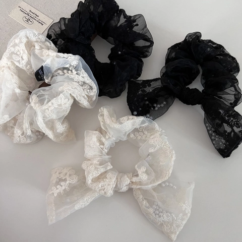 French Style Lace Embroidery Scrunchie Elegant Bow Knot Hair Rope With Artificial Pearl Decoration For Women Hair Accessories