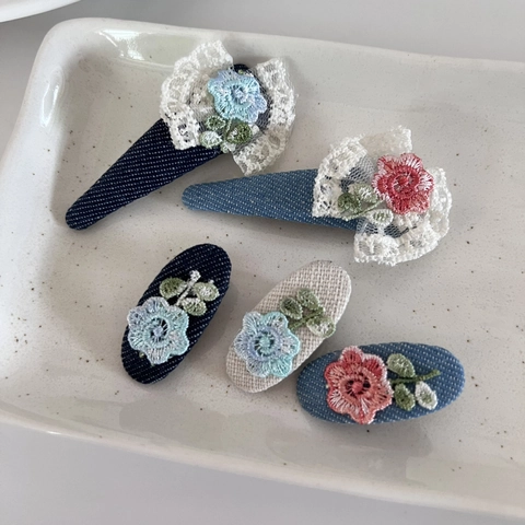 Süß Spitze Blume Denim Haarklammer Für Damen Handgefertigt Stickerei Pony Clip Waldstil Kinder Haarnadeln Floral Haarschmuck