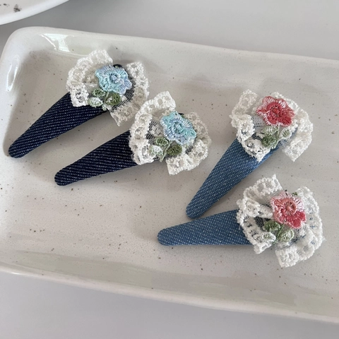 Süß Spitze Blume Denim Haarklammer Für Damen Handgefertigt Stickerei Pony Clip Waldstil Kinder Haarnadeln Floral Haarschmuck
