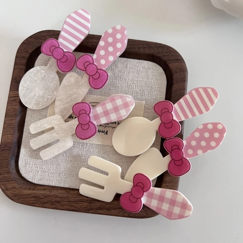 Süße Rosa Schleife Besteck Form Haarspangen Kunststoff Harz Löffel Gabel Messer Entenschnabel Clips Für Damen Mädchen Haarschmuck