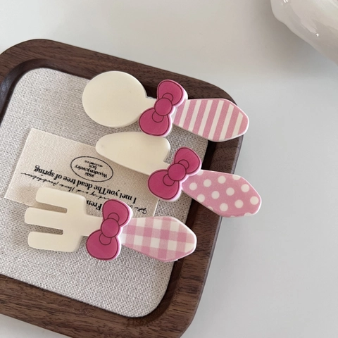 Süße Rosa Schleife Besteck Form Haarspangen Kunststoff Harz Löffel Gabel Messer Entenschnabel Clips Für Damen Mädchen Haarschmuck