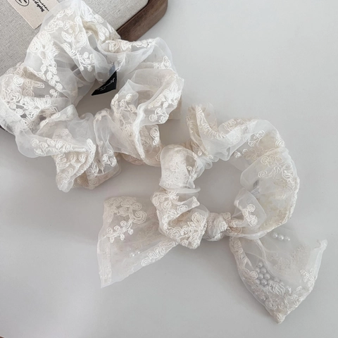 Coletero de Encaje Bordado Estilo Francés Elegante Cuerda de Pelo con Lazo y Decoración de Perlas Artificiales Accesorios para el Cabello