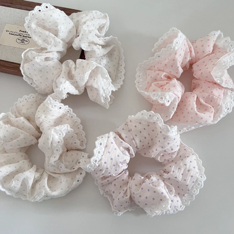 Scrunchie in Tessuto a Pois Vintage Con Finiture in Pizzo Traforato Elastico per Capelli in Chiffon Coreano Elegante per Donna