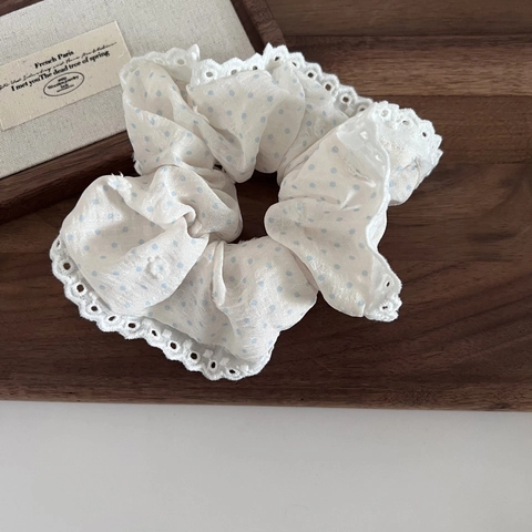 Scrunchie in Tessuto a Pois Vintage Con Finiture in Pizzo Traforato Elastico per Capelli in Chiffon Coreano Elegante per Donna