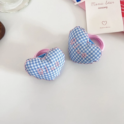 Chouchou en Tissu Frais et Sucré Motif Plaid Cœur Brodé Style Coréen Élastique Support Queue de Cheval Accessoires de Cheveux