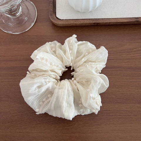Elegante Coletero de Tela Beige con Borla Goma de Pelo Plisada para Mujer Estilo Coreano Dulce Cuerda de Pelo Francesa Accesorios