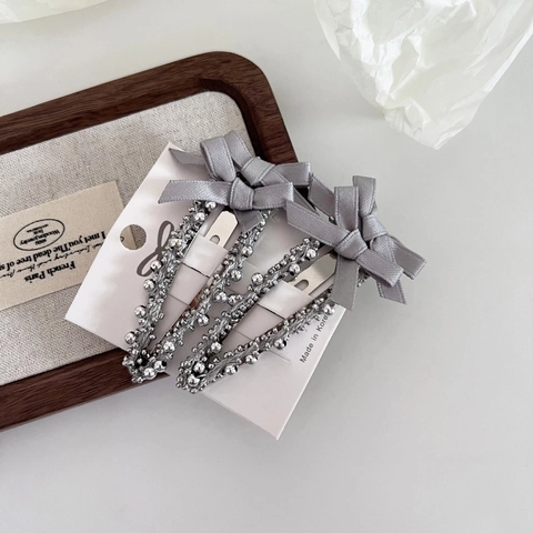 Dolce Molletta per Capelli con Fiocco in Raso Grigio Coreano Elegante Clip a Artiglio con Perle Artificiali Argento per Donna
