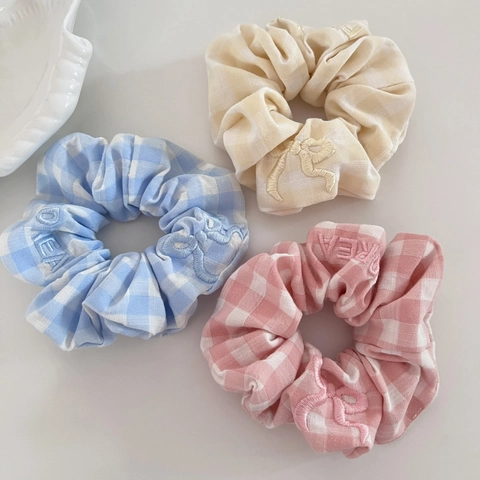 Fresh Gingham Embroidered Bow Scrunchie Korean Sweet Plaid Fabric Hair Tie Elastic Hair Band For Women Daily Hair Accessories